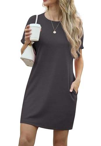 GRECERELLE Kleider Damen Sommer Kurzarm Strandkleid A-Linie Elegant Rundhals Sommerkleider mit Taschen Einfarbig Summer Dress Tshirt Kleid Leicht und Luftig Freizeitkleider (Dunkelgrau, L) von GRECERELLE
