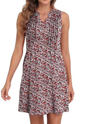 GRECERELLE Sommerkleid Damen Ärmelloses Luftige Strandkleid V Ausschnitt Tank-Minikleid Leicht Kurz Casual Freizeitkleider Mit Taschen (Schwarz mit roter Blume, XL) von GRECERELLE