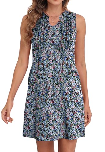 GRECERELLE Sommerkleid Damen Ärmelloses Luftige Strandkleid V Ausschnitt Tank-Minikleid Leicht Kurz Casual Freizeitkleider Mit Taschen (Schwarze mit Anemone, M) von GRECERELLE