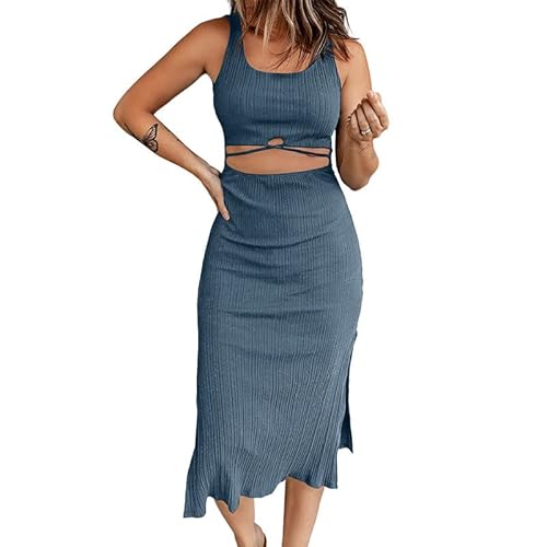 GRECERELLE Damen Kurzarm Rundhalsausschnitt Etuikleider Leichte Kurze Freizeitkleid Jumpsuit Wickelkleid Kleid Sommerkleid Dresses for Women (Blau, S) von GRECERELLE