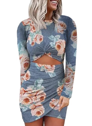 GRECERELLE Damen Kurzarm Rundhalsausschnitt Etuikleider Leichte Kurze Freizeitkleid Langärmeliges Kleid Jumpsuit Wickelkleid Kleid Sommerkleid Dresses for Women (Blaue Blume, M) von GRECERELLE