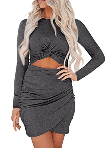 GRECERELLE Damen Kurzarm Rundhalsausschnitt Etuikleider Leichte Kurze Freizeitkleid Langärmeliges Kleid Jumpsuit Wickelkleid Kleid Sommerkleid Dresses for Women (Grau, L) von GRECERELLE