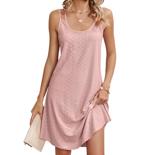 GRECERELLE Damen Kurzarm Rundhalsausschnitt Etuikleider Leichte Kurze Freizeitkleid Minikleid Tunika Kleid Sommerkleid Dresses for Women (Leder Rosa, L) von GRECERELLE
