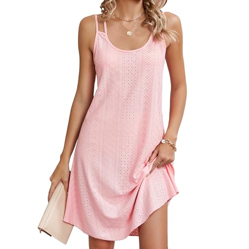 GRECERELLE Damen Kurzarm Rundhalsausschnitt Etuikleider Leichte Kurze Freizeitkleid Minikleid Tunika Kleid Sommerkleid Dresses for Women (Rosa, S) von GRECERELLE