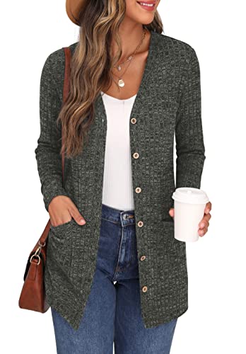 GRECERELLE Damen Leichte Strickjacke Lang mit Taschen und Knöpfen Long Elegant Cardigan V-Ausschnitt Knopfleiste mit Taschen für Damen (Armeegrün, M) von GRECERELLE