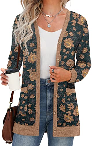 GRECERELLE Damen Leichte Strickjacke Lang mit Taschen und Knöpfen Long Elegant Cardigan V-Ausschnitt Knopfleiste mit Taschen für Damen (Aster Grün, XL) von GRECERELLE