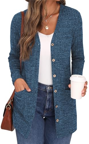 GRECERELLE Damen Leichte Strickjacke Lang mit Taschen und Knöpfen Long Elegant Cardigan V-Ausschnitt Knopfleiste mit Taschen für Damen (Blau, L) von GRECERELLE