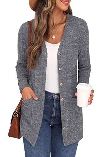 GRECERELLE Damen Leichte Strickjacke Lang mit Taschen und Knöpfen Long Elegant Cardigan V-Ausschnitt Knopfleiste mit Taschen für Damen (Dunkelgrau, L) von GRECERELLE