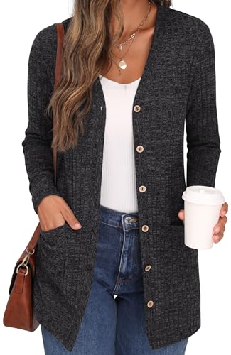 GRECERELLE Damen Leichte Strickjacke Lang mit Taschen und Knöpfen Long Elegant Cardigan V-Ausschnitt Knopfleiste mit Taschen für Damen (Dunkelgrau, XL) von GRECERELLE