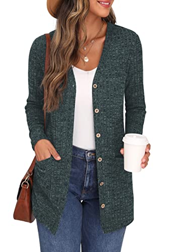 GRECERELLE Damen Leichte Strickjacke Lang mit Taschen und Knöpfen Long Elegant Cardigan V-Ausschnitt Knopfleiste mit Taschen für Damen (Dunkelgrün, S) von GRECERELLE