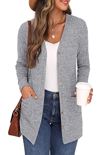 GRECERELLE Damen Leichte Strickjacke Lang mit Taschen und Knöpfen Long Elegant Cardigan V-Ausschnitt Knopfleiste mit Taschen für Damen (Grau, XXL) von GRECERELLE