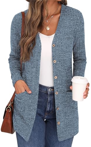 GRECERELLE Damen Leichte Strickjacke Lang mit Taschen und Knöpfen Long Elegant Cardigan V-Ausschnitt Knopfleiste mit Taschen für Damen (Hellblau, M) von GRECERELLE