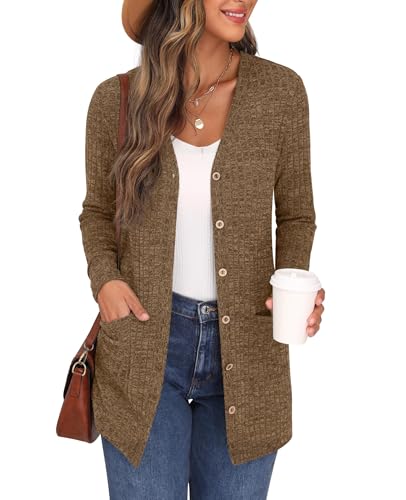 GRECERELLE Damen Leichte Strickjacke Lang mit Taschen und Knöpfen Long Elegant Cardigan V-Ausschnitt Knopfleiste mit Taschen für Damen (Karamell, L) von GRECERELLE