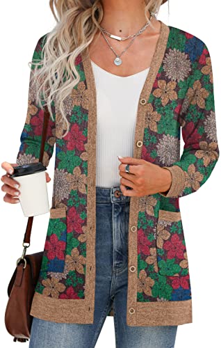 GRECERELLE Damen Leichte Strickjacke Lang mit Taschen und Knöpfen Long Elegant Cardigan V-Ausschnitt Knopfleiste mit Taschen für Damen (Ringelblume, XXL) von GRECERELLE