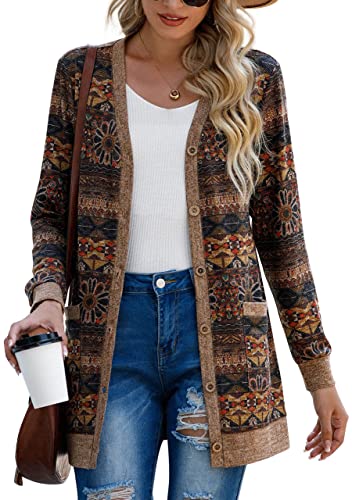 GRECERELLE Damen Leichte Strickjacke Lang mit Taschen und Knöpfen Long Elegant Cardigan V-Ausschnitt Knopfleiste mit Taschen für Damen (Rundblume Braun, L) von GRECERELLE