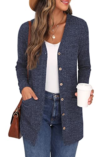 GRECERELLE Damen Leichter Cardigan mit V-Ausschnitt Strickjacke Damen lang Strickjacken Damen mit Taschen und Knöpfen (Marineblau, M) von GRECERELLE