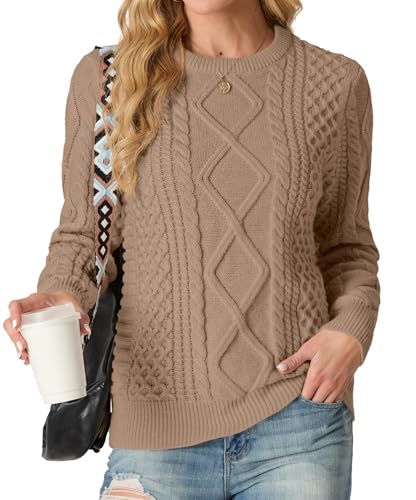 GRECERELLE Damen Pullover Lässige Sweater Rundhals Herbst Strickpullover Pullover für Damen Elegant Winter Gerippt Damenpullover Pullover Sweateshirt (Khaki,L) von GRECERELLE