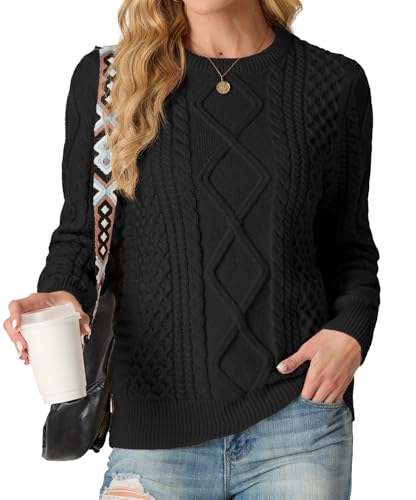 GRECERELLE Damen Pullover Lässige Sweater Rundhals Herbst Strickpullover Pullover für Damen Elegant Winter Gerippt Damenpullover Pullover Sweateshirt (Schwarz,L) von GRECERELLE