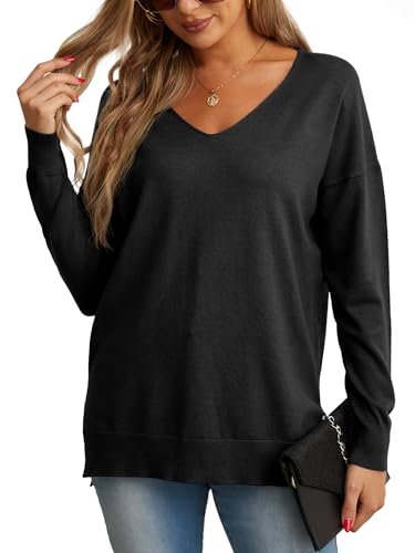 GRECERELLE Damen Pullover Sweatshirt Damen Leichter Einfarbig Pullover Strickpullover V-Ausschnitt Langarm Pullover Tops Bluse T-Shirt für Winter Herbst Frühling, 01 Black, XXL von GRECERELLE