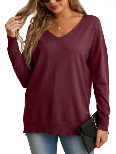 GRECERELLE Damen Pullover Sweatshirt Damen Leichter Einfarbig Pullover Strickpullover V-Ausschnitt Langarm Pullover Tops Bluse T-Shirt für Winter Herbst Frühling, 03 weinrot, L von GRECERELLE