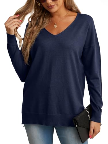 GRECERELLE Damen Pullover Sweatshirt Damen Leichter Einfarbig Pullover Strickpullover V-Ausschnitt Langarm Pullover Tops Bluse T-Shirt für Winter Herbst Frühling, 04 Marineblau, XL von GRECERELLE