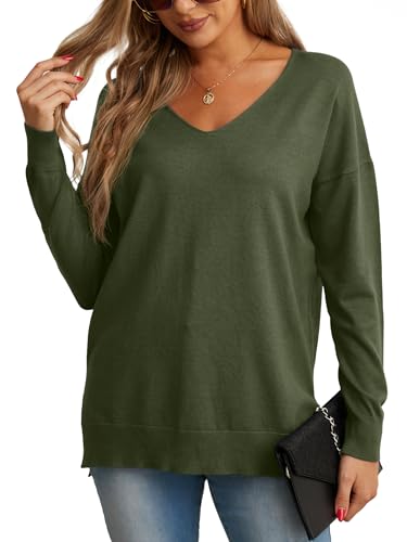 GRECERELLE Damen Pullover Sweatshirt Damen Leichter Einfarbig Pullover Strickpullover V-Ausschnitt Langarm Pullover Tops Bluse T-Shirt für Winter Herbst Frühling, 05 Army Green, XL von GRECERELLE