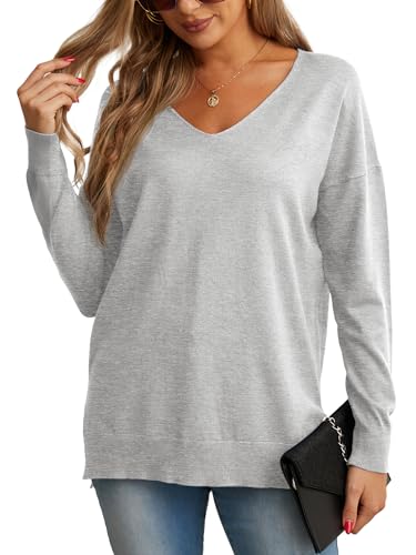 GRECERELLE Damen Pullover Sweatshirt Damen Leichter Einfarbig Pullover Strickpullover V-Ausschnitt Langarm Pullover Tops Bluse T-Shirt für Winter Herbst Frühling, 12 Grau, L von GRECERELLE