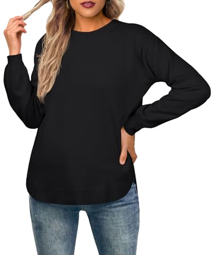 GRECERELLE Damen Pullover Sweatshirt Damen Leichter Einfarbig Weicher Strickpullover Rundhal Langarm Tops für Winter Herbst Frühling (01 Black Schwarz, L) von GRECERELLE