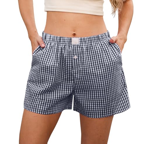 GRECERELLE Damen Pyjama Shorts Kariert Kurze Elastischer Bund Sweatshorts High Waist Sportshorts Hotpants Jogginghose Sport Sweathose Trainingshose Freizeithose Joggpants (Marineblau kariert, L) von GRECERELLE