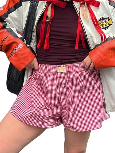 GRECERELLE Damen Pyjama Shorts Kariert Kurze Elastischer Bund Sweatshorts High Waist Sportshorts Hotpants Jogginghose Sport Sweathose Trainingshose Freizeithose Joggpants (Rotes kariert, L) von GRECERELLE
