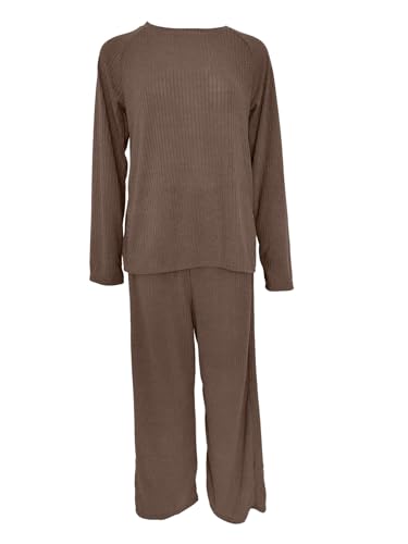 GRECERELLE Damen Pyjamas Set Frauen Langarm Loungewear Sets Top und Wide Leg Hosen 2PCS Pjs Elegant Gerippt Homewear (Kamel, S) von GRECERELLE