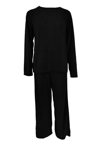 GRECERELLE Damen Pyjamas Set Frauen Langarm Loungewear Sets Top und Wide Leg Hosen 2PCS Pjs Elegant Gerippt Homewear (Schwarz, XL) von GRECERELLE