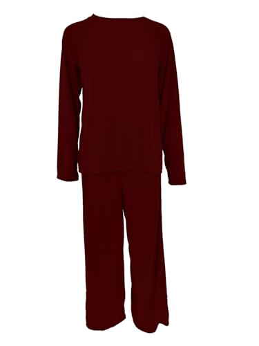 GRECERELLE Damen Pyjamas Set Frauen Langarm Loungewear Sets Top und Wide Leg Hosen 2PCS Pjs Elegant Gerippt Homewear (Weinrot, 3XL) von GRECERELLE