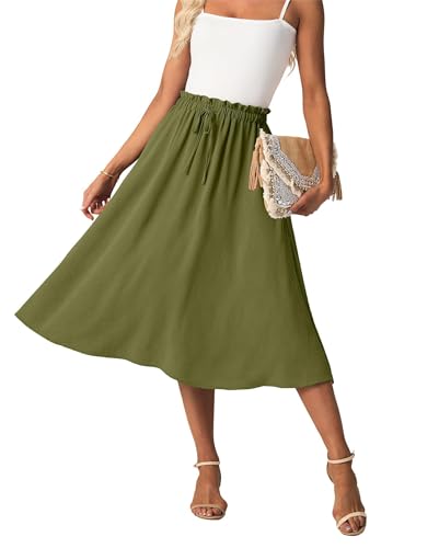 GRECERELLE Damen Rock Sommer Midi Langer Midirock A-Linie Flowy mit Taschen leicht und luftig (Armeegrün, XXL) von GRECERELLE