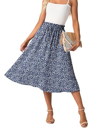 GRECERELLE Damen Rock Sommer Midi Langer Midirock A-Linie Flowy mit Taschen leicht und luftig (Blau Weiße Blume, L) von GRECERELLE