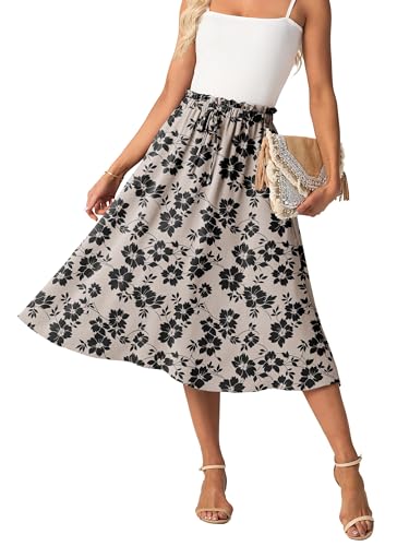 GRECERELLE Damen Rock Sommer Midi Langer Midirock A-Linie Flowy mit Taschen leicht und luftig (Khaki Schwarz Blume, XXL) von GRECERELLE