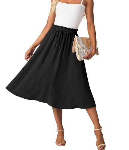 GRECERELLE Damen Rock Sommer Midi Langer Midirock A-Linie Flowy mit Taschen leicht und luftig (Schwarz, XXL) von GRECERELLE