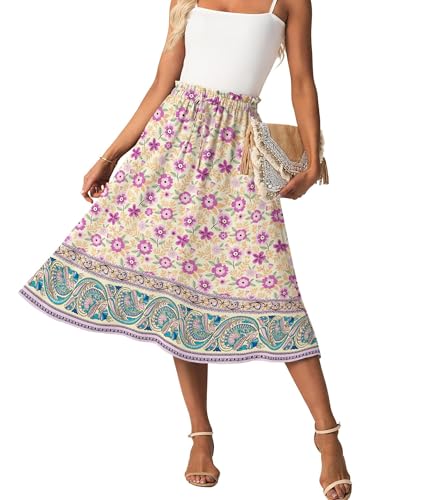 GRECERELLE Damen Rock Sommer Midi Langer Midirock A-Linie Flowy mit Taschen leicht und luftig (Violett Primel Blume, M) von GRECERELLE