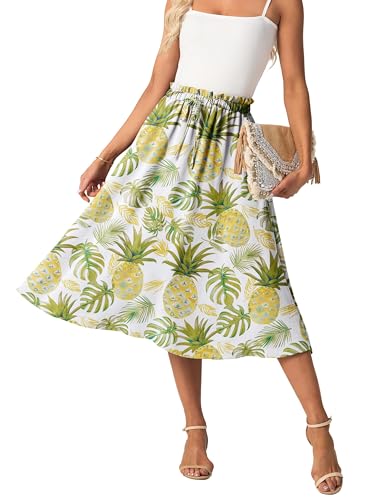 GRECERELLE Damen Rock Sommer Midi Langer Midirock A-Linie Flowy mit Taschen leicht und luftig (Weiße Ananasblume, M) von GRECERELLE