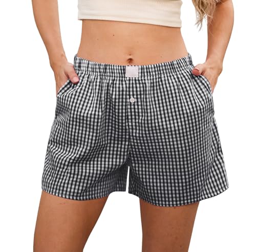 GRECERELLE Damen Pyjama Shorts Kariert Kurze Elastischer Bund Sweatshorts High Waist Sportshorts Hotpants Jogginghose Sport Sweathose Trainingshose Freizeithose Joggpants (Schwarz kariert, XL) von GRECERELLE