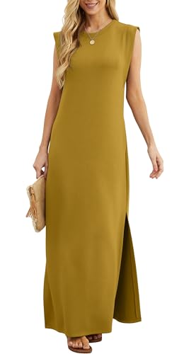 GRECERELLE Damen Sommer Maxikleid lässig Hemdkleider Elegante Stile ärmellos Maxikleider für Damen mit Schlitz und Taschen (Ingwer,XL) von GRECERELLE