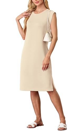 GRECERELLE Damen Sommer Midikleid lässiges Hemdkleid ärmellos mit Seitenschlitz & Taschen - Elegante Midi-Länge (Aprikot Weiß, XL) von GRECERELLE