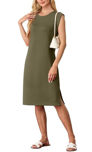 GRECERELLE Damen Sommer Midikleid lässiges Hemdkleid ärmellos mit Seitenschlitz & Taschen - Elegante Midi-Länge (Armeegrün, S) von GRECERELLE