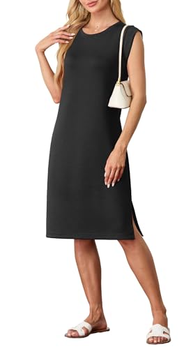 GRECERELLE Damen Sommer Midikleid lässiges Hemdkleid ärmellos mit Seitenschlitz & Taschen - Elegante Midi-Länge (Schwarz, L) von GRECERELLE
