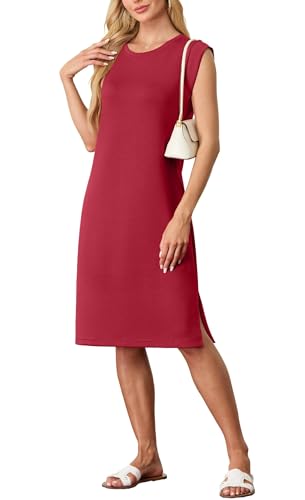GRECERELLE Damen Sommer Midikleid lässiges Hemdkleid ärmellos mit Seitenschlitz & Taschen - Elegante Midi-Länge (Weinrot, L) von GRECERELLE