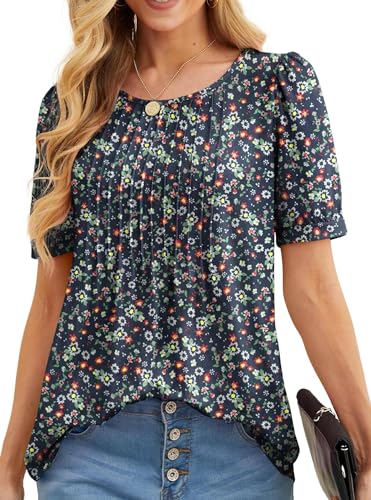 GRECERELLE Tshirt Damen Sommer Kurzarm Rundhals Oberteile Damen Shirt Freizeit Blusenshirt Leichte Lässig Tuniken Tops T-Shirt (Marineblau mit weißer Blume, L) von GRECERELLE