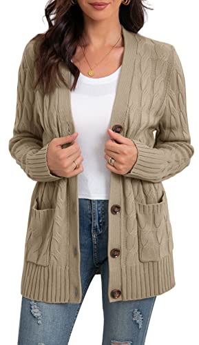 GRECERELLE Damen Strickjacke Herbst Langarm mit Taschen und Knöpfen (Khaki, S) von GRECERELLE