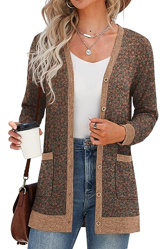GRECERELLE Damen Strickjacke Elegant Lang mit Taschen und Knöpfen Long Leichte Cardigan V-Ausschnitt Knopfleiste mit Taschen für Damen (Blume Braun, M) von GRECERELLE