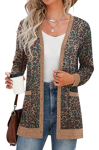 GRECERELLE Damen Strickjacke Elegant Lang mit Taschen und Knöpfen Long Leichte Cardigan V-Ausschnitt Knopfleiste mit Taschen für Damen (Leopard Braun, L) von GRECERELLE