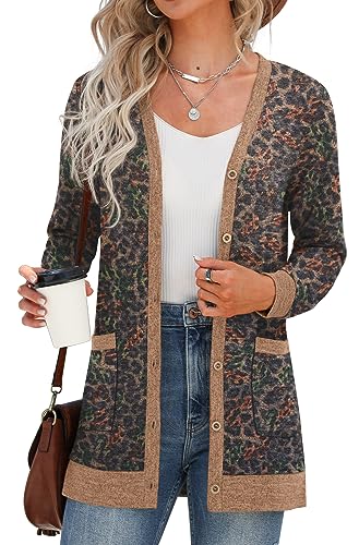 GRECERELLE Damen Strickjacke Elegant Lang mit Taschen und Knöpfen Long Leichte Cardigan V-Ausschnitt Knopfleiste mit Taschen für Damen (Leopard Schwarz, M) von GRECERELLE